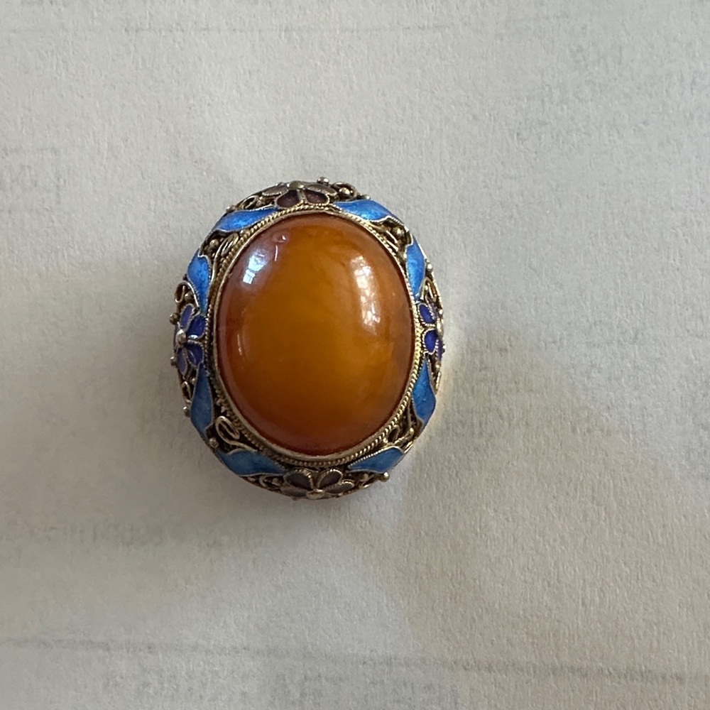 Chinese vermeil, enamel and amber pin.